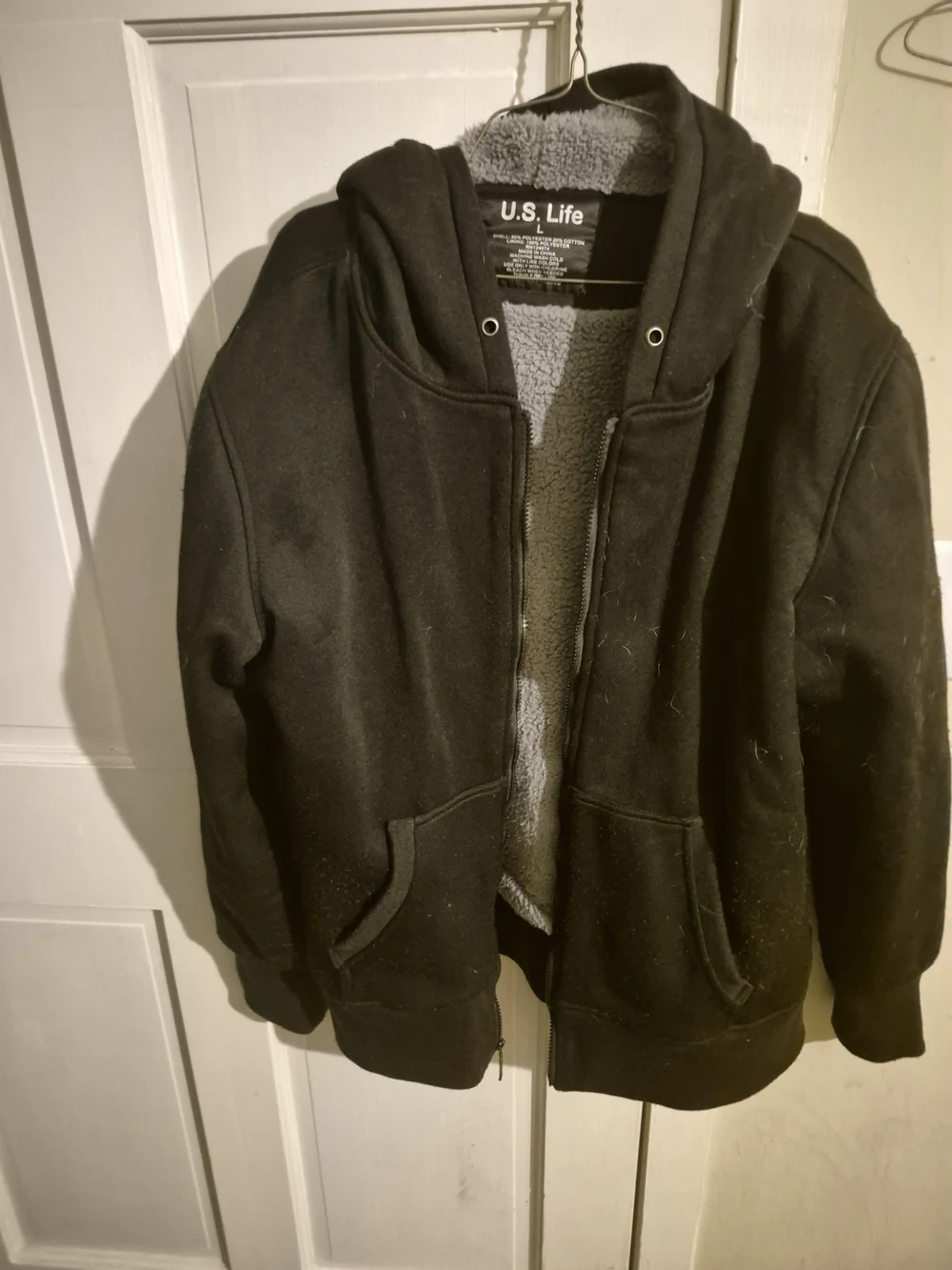 Mens U.S Life Black Sherpa-Lined Hooded Jacket Size L Hood Has No String